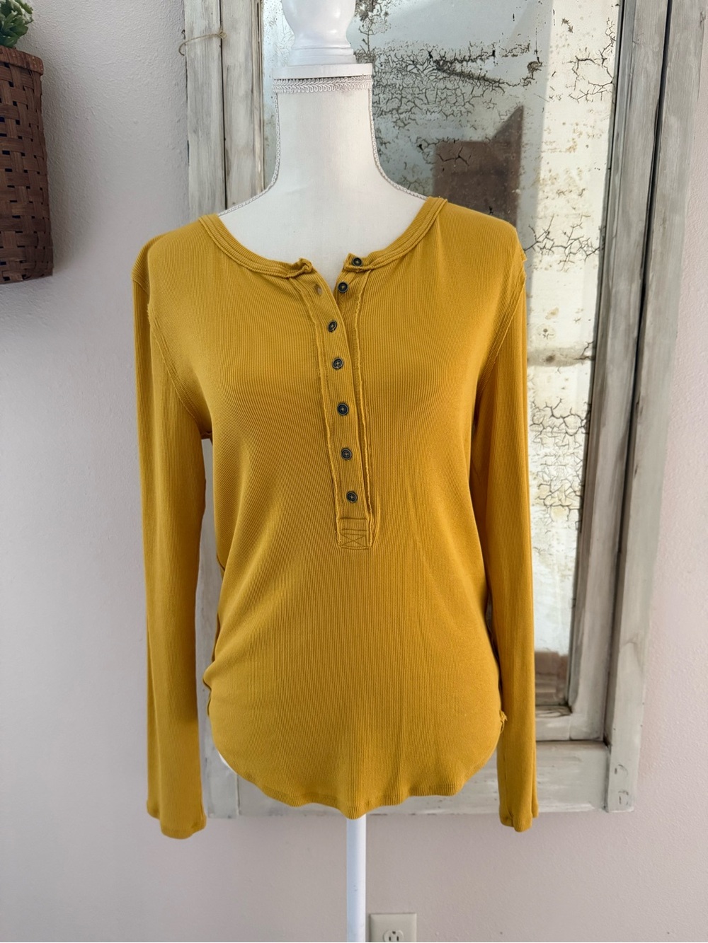 Free People Mustard Long Sleeve Henley Top